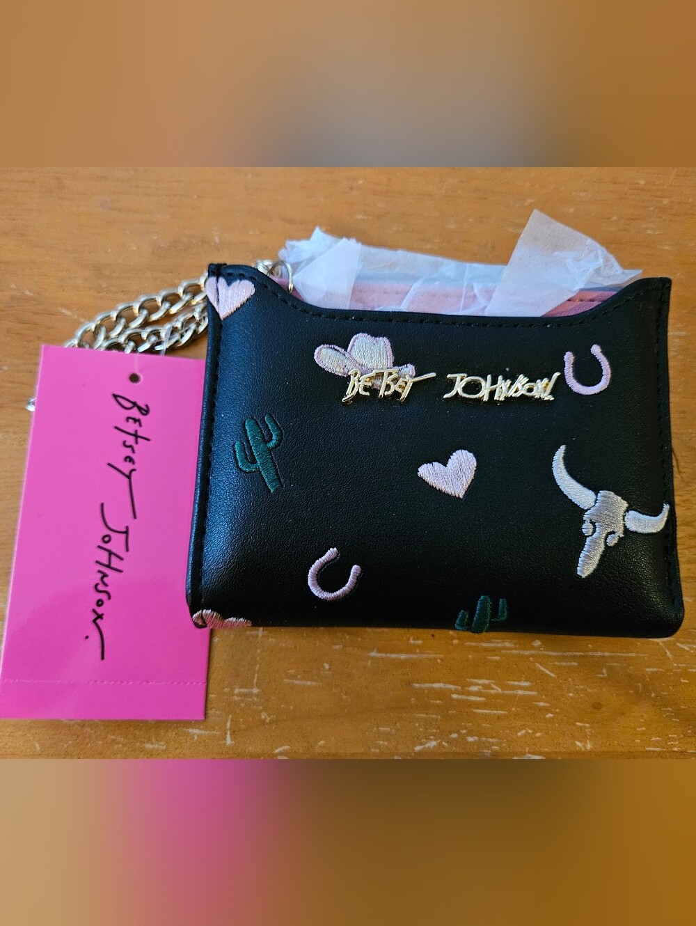 Betsey Johnson Black Wallet Card Case with Western Theme Pink & Green Embroidery